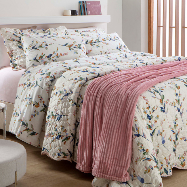 Cobre Leito Queen Attuale Dupla Face Percal 150 Fios 2,60m x 2,40m 03 Peças - Floral Palha