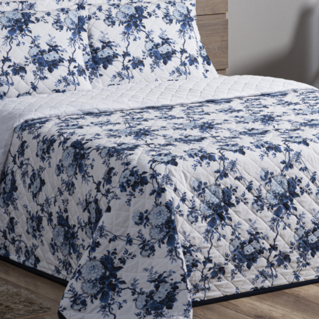 Cobre Leito Queen Fascinio 2,60m x 2,40m Algodão 03 Peças - Floral Azul