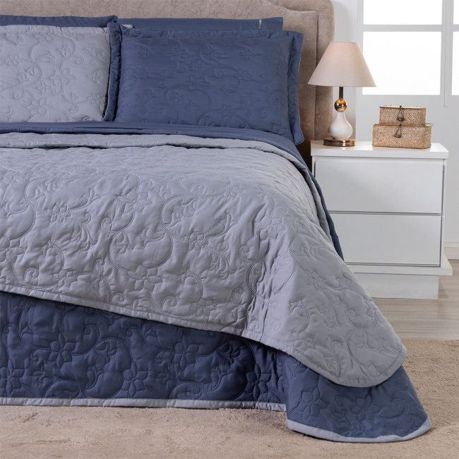 Cobre Leito Queen Suavit Percal Dupla Face 400 Fios Acetinado 03 Peças - Azul / Cinza