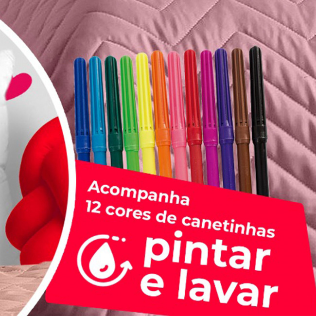 Cobre Leito Solteiro Diverkids com Almofada para Colorir - 07 Peças - Rosê