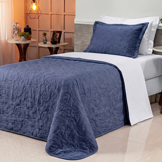 Cobre Leito Solteiro Suavit Percal Dupla Face 400 Fios Acetinado 02 Peças - Azul / Cinza