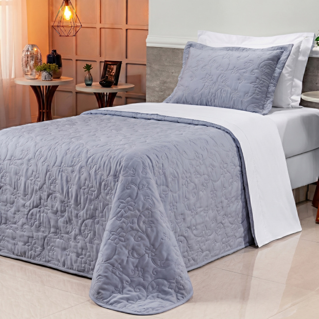 Cobre Leito Solteiro Suavit Percal Dupla Face 400 Fios Acetinado 02 Peças - Azul / Cinza