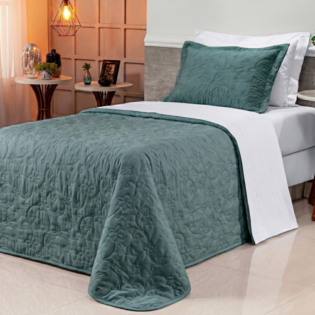 Cobre Leito Solteiro Suavit Percal Dupla Face 400 Fios Acetinado 02 Peças - Verde / Palha