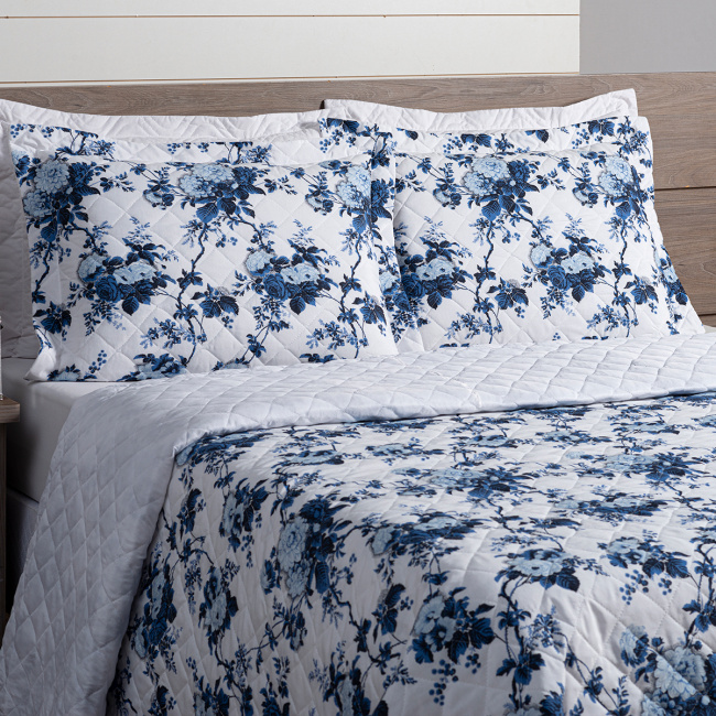 Cobre Leito Super King Fascinio 200 Fios Algodão 3,15m x 2,70m 03 Peças - Floral Azul