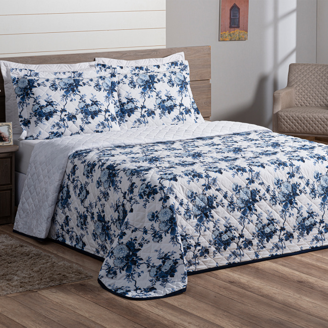 Cobre Leito Super King Fascinio 200 Fios Algodão 3,15m x 2,70m 03 Peças - Floral Azul