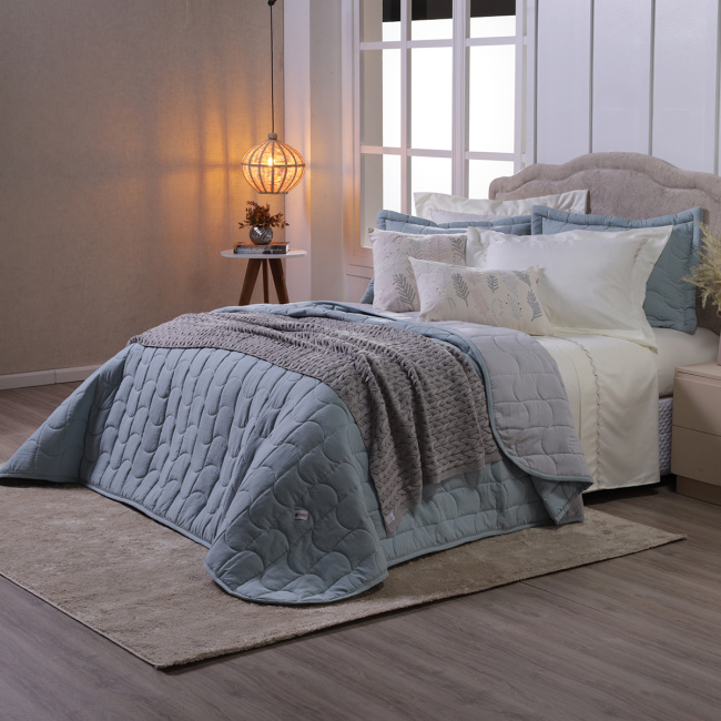 Cobre Leito Super King Harmony Dupla Face 400 Fios 03 Peças - Verde Malva / Cinza