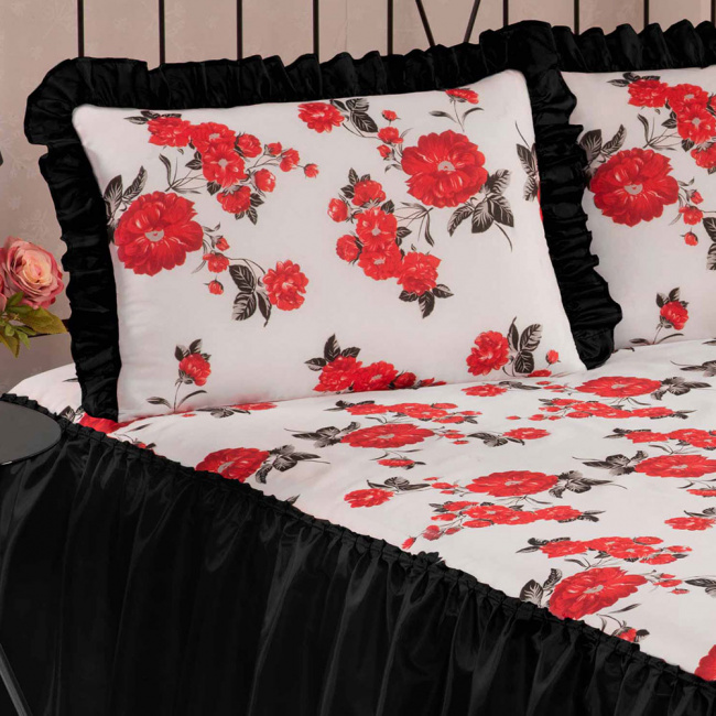 Colcha Casal Padrão Primavera com Babado 03 Peças - Preto / Floral