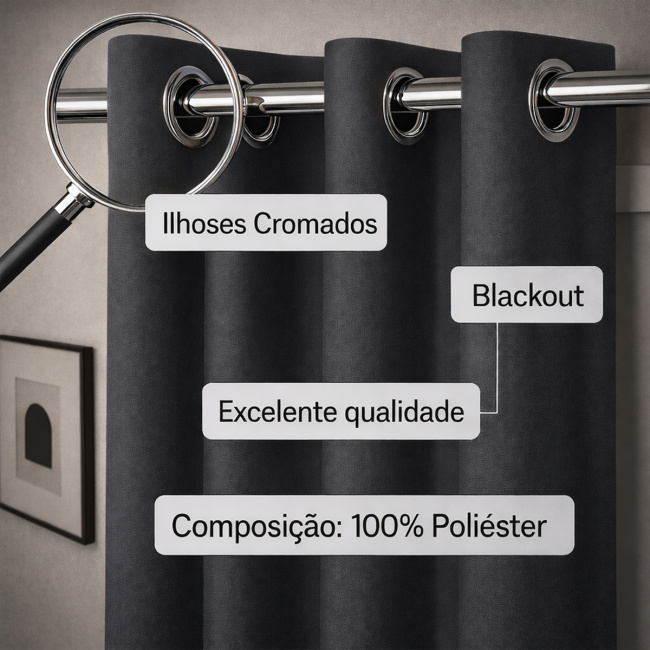 Cortina 100% Blackout Simples p/ Sala Moderno 2,20m x 1,30m - Chumbo