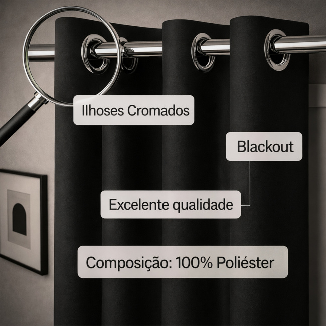 Cortina 100% Blackout Simples p/ Sala Moderno 2,80m x 1,80m - Preto
