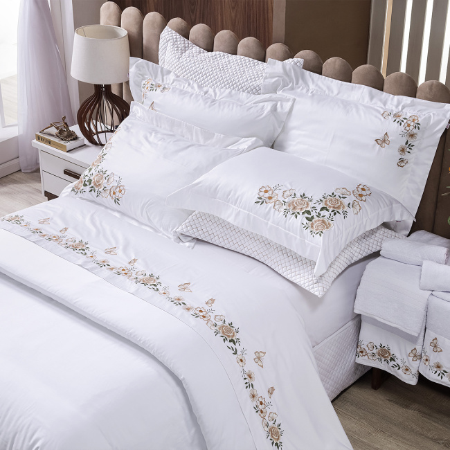 Duvet Capa de Edredom Bordado King Monet 400 Fios Egípcios 100% Algodão 03 Peças - Branco