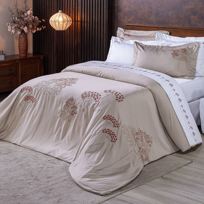 Duvet Capa de Edredom Bordado King Sierra 400 Fios Egípcios 100% Algodão 03 Peças - Bege