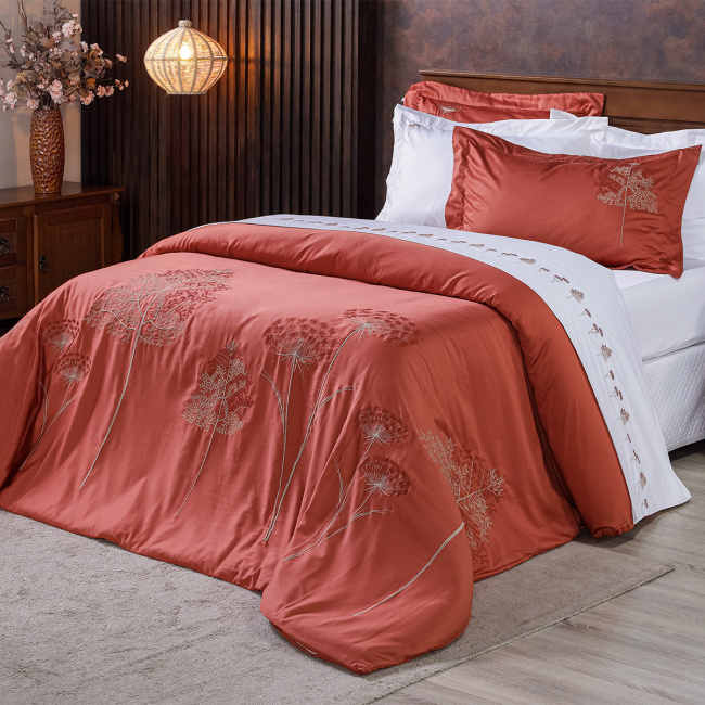 Duvet Capa de Edredom Bordado Super King Sierra 400 Fios Egípcios 100% Algodão 03 Peças - Terracota