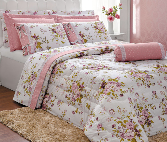 Edredom Casal Queen Passione Estampado 06 Pecas Branco Rose