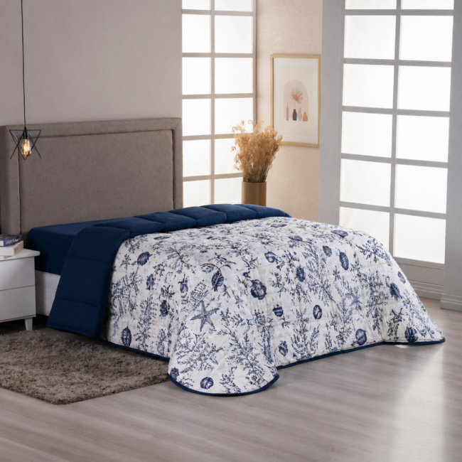 Edredom Nature Casal Queen Malha Estampada Dupla Face 01 Peça - Oceano Marinho