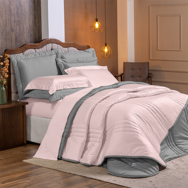 Edredom Olivie King 2,80m x 2,70m Dupla Face 400 Fios Egípcios 03 Peças - Rosa / Concreto