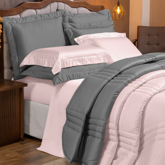 Edredom Olivie King 2,80m x 2,70m Dupla Face 400 Fios Egípcios 03 Peças - Rosa / Concreto