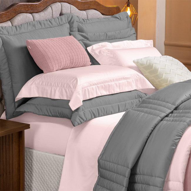 Edredom Olivie King 2,80m x 2,70m Dupla Face 400 Fios Egípcios 03 Peças - Rosa / Concreto
