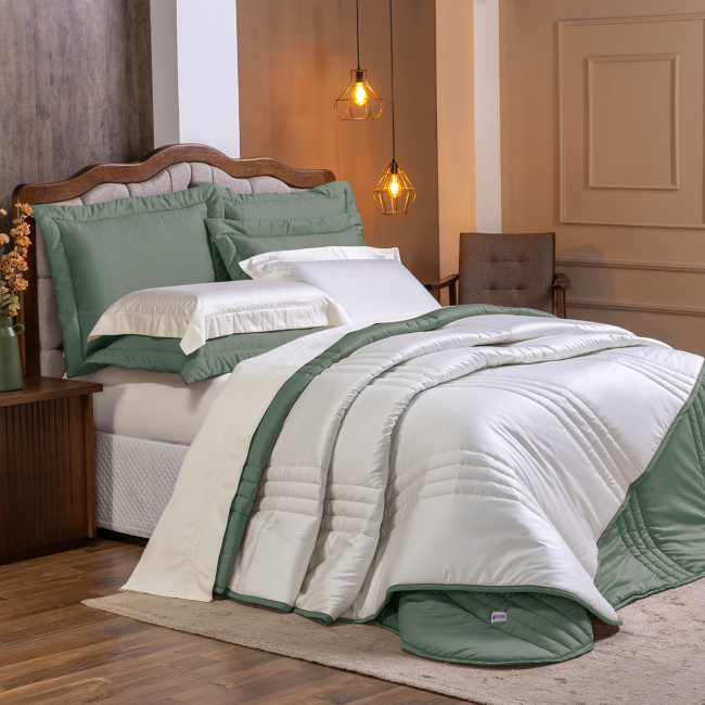 Edredom Olivie King 2,80m x 2,70m Dupla Face 400 Fios Egípcios 100% Algodão 03 Peças - Verde / Palha