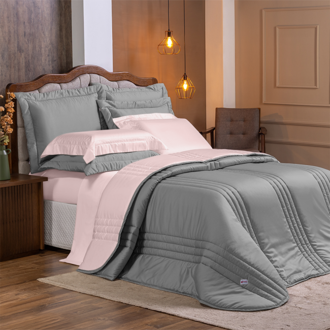 Edredom Olivie Queen 2,60m x 2,40m Dupla Face 400 Fios Egípcios 03 Peças - Rosa / Concreto
