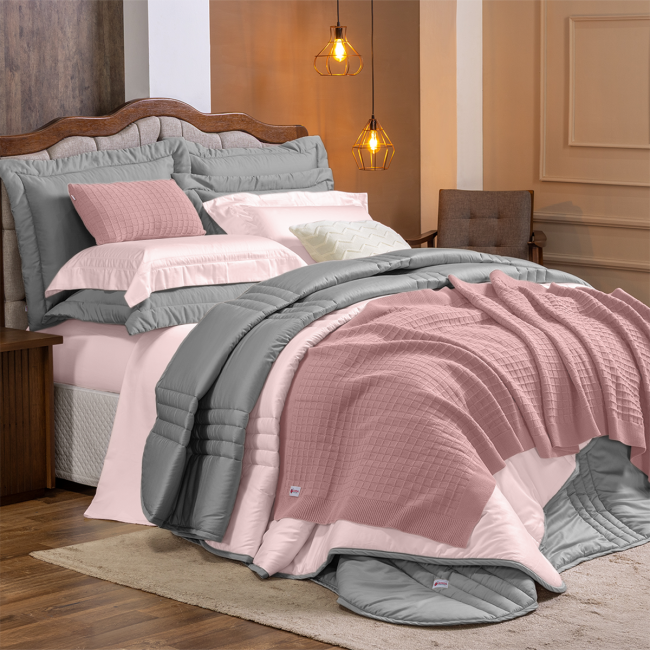 Edredom Olivie Super King 3,15m x 2,70m Dupla Face 400 Fios Egípcios 03 Peças - Rosa / Concreto