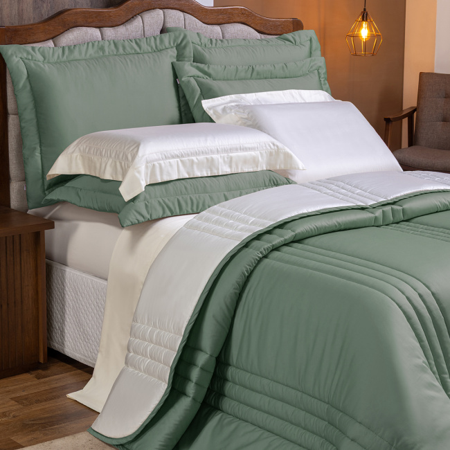 Edredom Olivie Super King 3,15m x 2,70m Dupla Face 400 Fios Egípcios 03 Peças - Verde / Palha