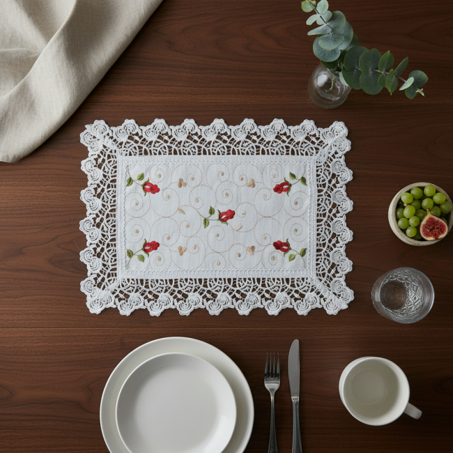 Jogo Americano Roseto Linho Guipir 35cm x 48cm 01 Peça - Botões com Branco