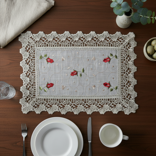 Jogo Americano Roseto Linho Guipir 35cm x 48cm 01 Peça - Botões com Dourado