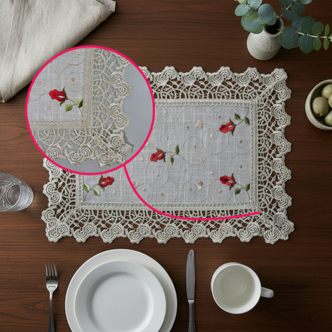 Jogo Americano Roseto Linho Guipir 35cm x 48cm 01 Peça - Botões com Dourado