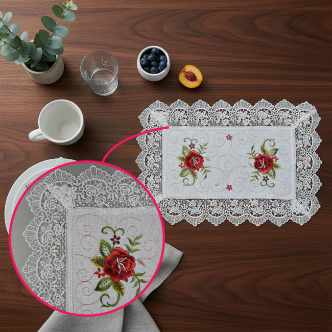 Jogo Americano Roseto Linho Guipir 35cm x 48cm 01 Peça - Rosa com Branco