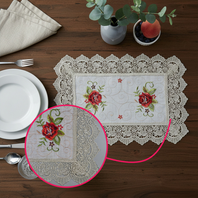 Jogo Americano Roseto Linho Guipir 35cm x 48cm 01 Peça - Rosa com Dourado