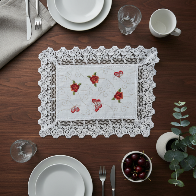 Jogo Americano Roseto Linho Guipir 35cm x 48cm 01 Peça - Rosas e Borboletas