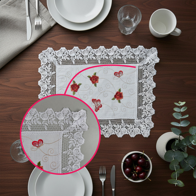 Jogo Americano Roseto Linho Guipir 35cm x 48cm 01 Peça - Rosas e Borboletas