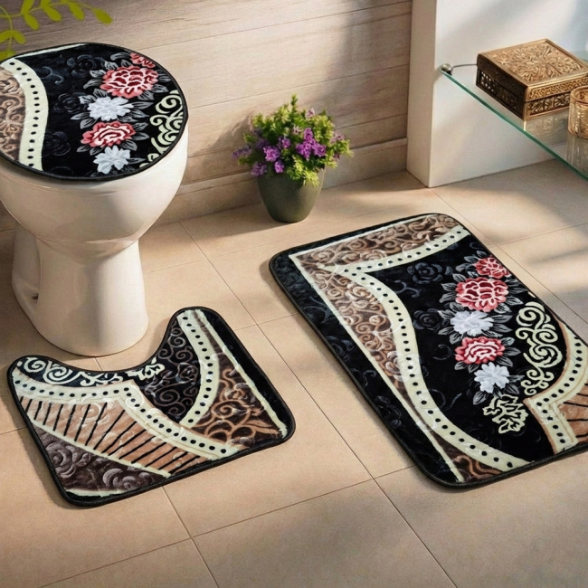 Jogo de Banheiro 03 Peças Antiderrapante e Aveludado Essenza - Noir Floral