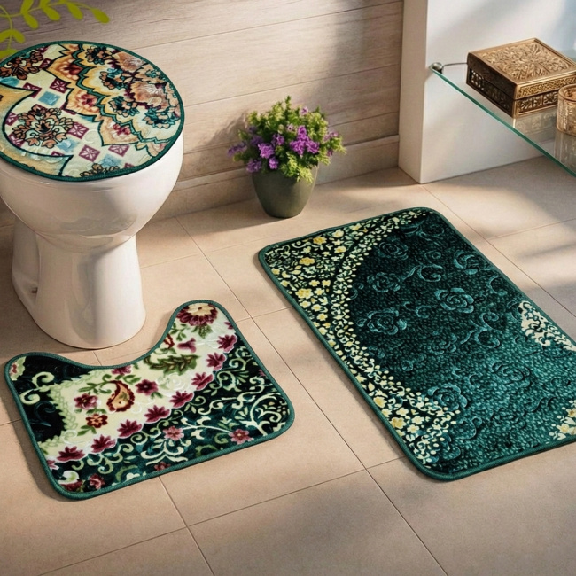 Jogo de Banheiro 03 Peças Antiderrapante e Aveludado Essenza - Verde Arabesco