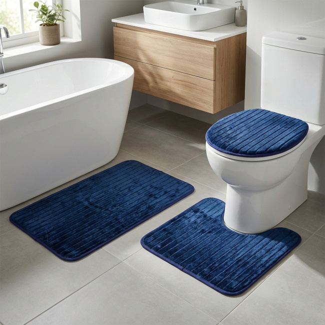 Jogo de Banheiro 03 Peças Antiderrapante e Felpudo Allure - Azul Marinho