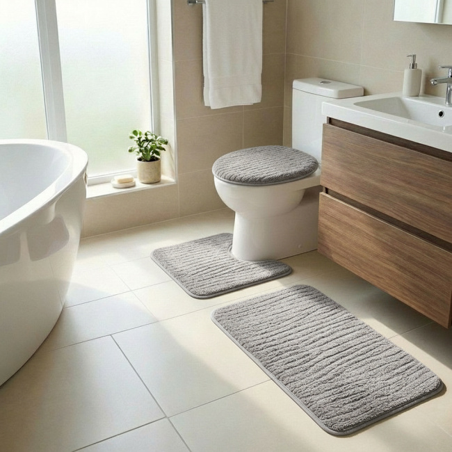 Jogo de Banheiro 03 Peças Antiderrapante e Felpudo Trivion - Cinza