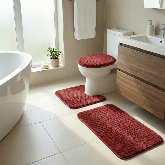 Jogo de Banheiro 03 Peças Antiderrapante e Felpudo Trivion - Vermelho
