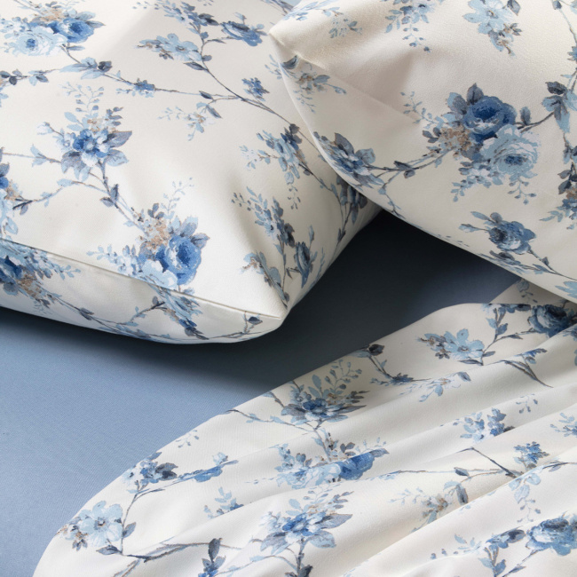 Jogo de Cama Lençol Casal Elegance Percal 400 Fios Toque de Algodão 04 Peças - Flor de Anil