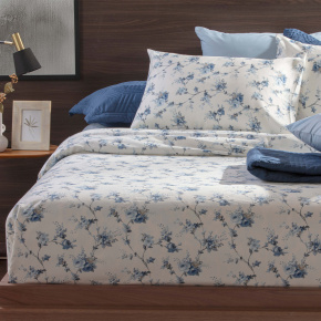 Jogo de Cama Lençol Queen Elegance Percal 400 Fios Toque de Algodão 04 Peças - Flor de Anil
