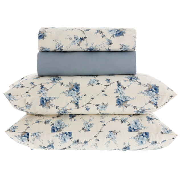 Jogo de Cama Lençol Queen Elegance Percal 400 Fios Toque de Algodão 04 Peças - Flor de Anil