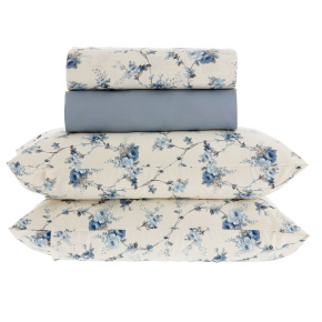 Jogo de Cama Lençol Queen Elegance Percal 400 Fios Toque de Algodão 04 Peças - Flor de Anil