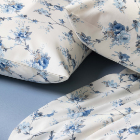 Jogo de Cama Lençol Queen Elegance Percal 400 Fios Toque de Algodão 04 Peças - Flor de Anil