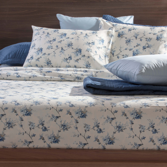 Jogo de Cama Lençol Queen Elegance Percal 400 Fios Toque de Algodão 04 Peças - Flor de Anil