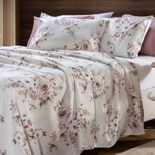 Jogo de Cama Lençol Queen Elegance Percal 400 Fios Toque de Algodão 04 Peças - Lírio Púrpura