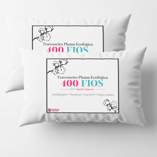 Kit 02 Travesseiros Pluma Ecológica Percal 400 Fios Egípcios 70cm x 50cm Antialérgico