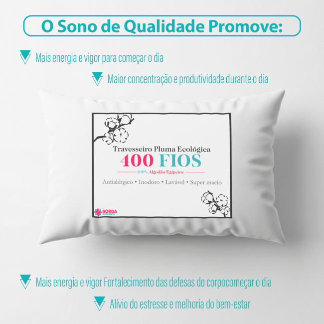 Kit 02 Travesseiros Pluma Ecológica Percal 400 Fios Egípcios 70cm x 50cm Antialérgico