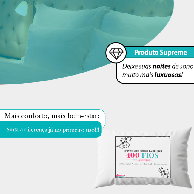 Kit 02 Travesseiros Pluma Ecológica Percal 400 Fios Egípcios 90cm x 50cm Antialérgico