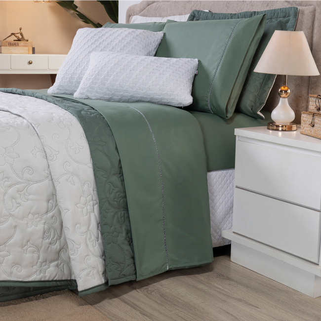 Kit Cama Posta Casal Suavit Percal 400 Fios 2,20m x 2,40m 10 Peças - Verde / Palha