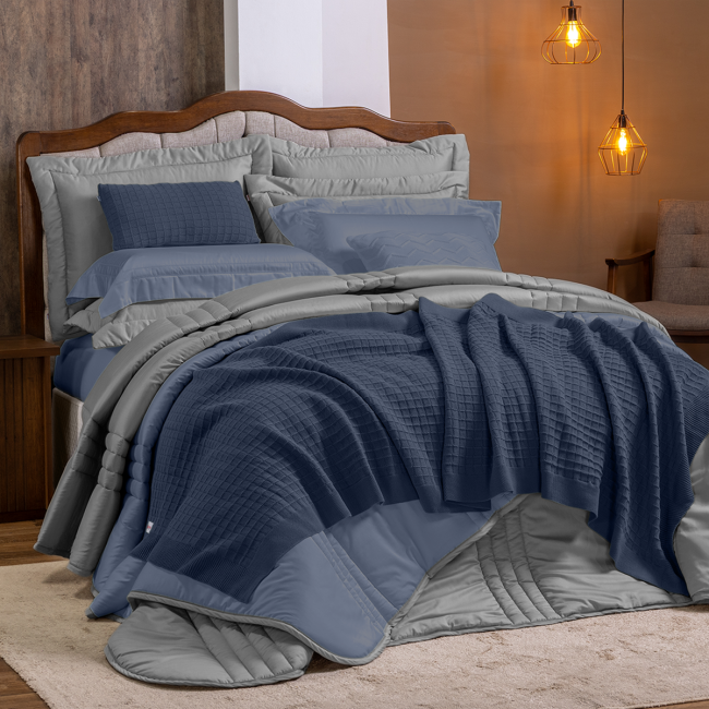 KIT Cama Posta Edredom Olivie Queen 2,60m x 2,40m Dupla Face 400 Fios 100% Algodão Egípcios 10 Peças - Azul / Concreto