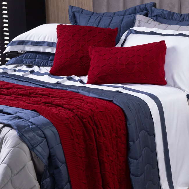 KIT Cama Posta King Colcha Maelis 100% Fibra de Bambu Dupla Face 2,80m x 2,70m 10 Peças - Cinza / Azul